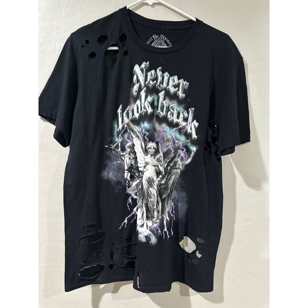 Trust the Universe Never Look Back Graphic Super Distress Tee Size L NWT